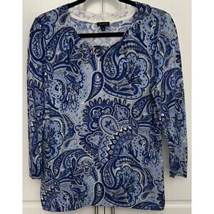 Talbots Lightweight Blue Paisley Sweater with Scallop Neckline Size M